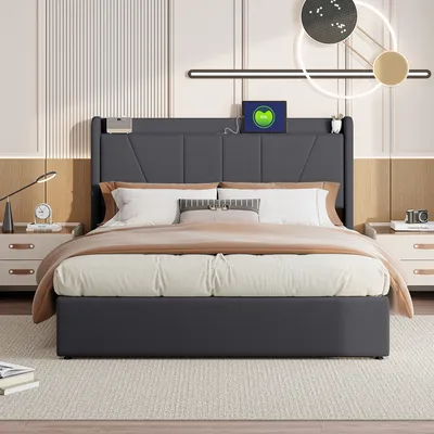 Immagine prodotto di letto contenitore 160x200 con USB e tipo C, letto imbottito con rete a doghe, letto matrimoniale, grigio
