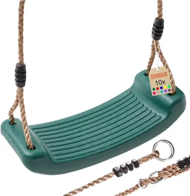 A green plastic swing seat with brown rope and black connectors, shown against a white background. A small tag with colorful dots and text is attached to one of the ropes.