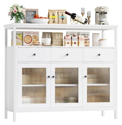 Produktbild von Sideboard Kommode - Küchen Anrichte - 3 Glastüren - Schubladen - Metallgestell - 108x38x98,5 cm - Weiß