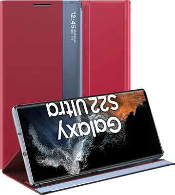 Produktbild von Samsung Galaxy S22 Ultra 5G Hülle, Slim Flip Leder Smart View Window Klappetui Schutzhülle mit Standfunktion für Galaxy S22 Ultra 5G Rot