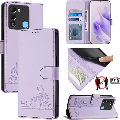 Produktbild von Leder Hülle für Tecno Spark 9 Süße Katze Flip Case Brieftasche Schutzhülle mit Standfunktion Lila