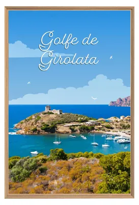 Image de Tableau mural encadré illustration Girolata 65x97 cm, Tableau mural moderne pour décoration intérieure