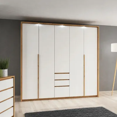 Produktbild von Kleiderschrank Falttürenschrank CORSA 230 cm Weiß Eiche Craft Gold LED Beleuchtung Schubladen