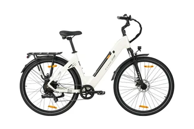 A white electric bicycle is shown against a white background.