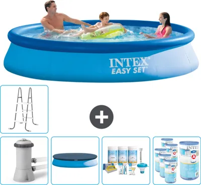 Produktbild von Intex runder aufblasbarer Easy Set-Schwimmpool – 366 x 76 cm – Blau – inklusive Pumpe Abdeckung - Wartungspaket - Filter - Leiter
