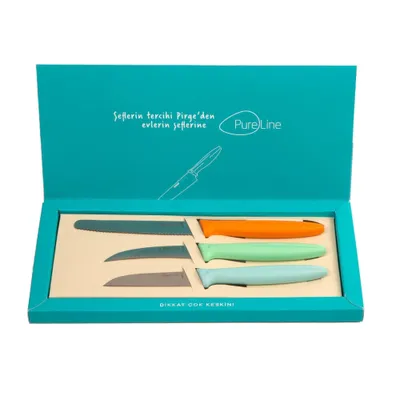 Immagine prodotto di Pirge Pure Line set di spelucchini 3 TLG - 9 cm, 9 cm, 12 cm - Coltello da frutta spelucchino in acciaio inox - Piccolo coltello da cucina affilato con confezione regalo
