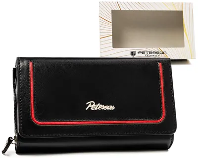 Image de Peterson | Grand porte-monnaie pour femmes, en cuir naturel, avec bouton-pression et fermeture éclair, noir, 17x10 cm