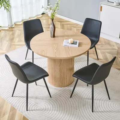 Produktbild von STILVORA Rundtisch-Set mit 1 Tisch und 4 Stühlen Esstisch,mit 100cm Durchmesser in heller Holzoptik ,Küchentisch mit 4 Stühlen aus schwarzem Kunstleder