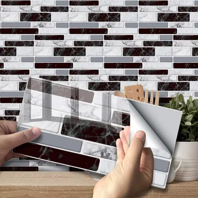 Immagine prodotto di Set di 27 adesivi in mosaico di marmo bianco e nero per cucina e bagno, impermeabili e antiscivolo