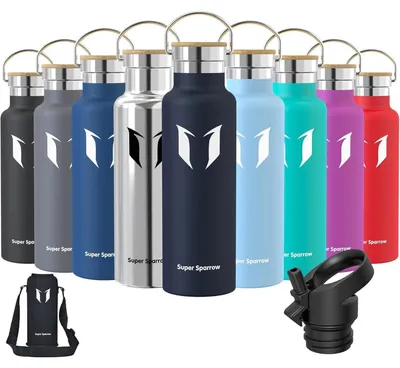 Image de Bouteille en acier inoxydable, 350 ml - 1 L, anti-fuite, thermos, sans BPA, avec 2 bouchons, couleur bleu océan
