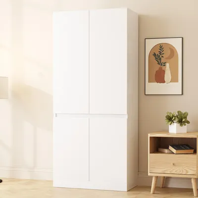 Produktbild von okwish Kleiderschrank mit Doppeltürdesign,Drehtürenschrank Aufbewahrungsmöbel mit Staufach,Garderobenschrank in zwei Ebenen,Weiß