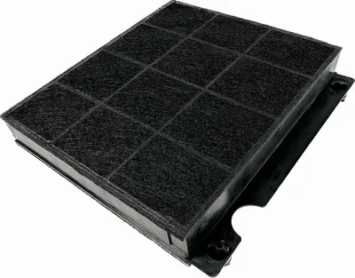 A close-up view of a black charcoal filter on a white background.