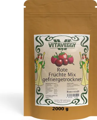 Produktbild von VITAVEGGY ROTE FRÜCHTE MIX gefriergetrocknet 2000g ohne Zusatzstoffe von Food-United Trockenobst - aus Erdbeeren Himbeeren und Kirschen - natürlich süß für Müslis Naturjoghurt Smoothies Sorbes Panna-Cotta Eiscreme
