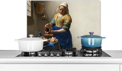 Produktbild von KitchenYeah®  Spritzschutz Küche - Küchenrückwand - Wandschutz für Herd und Spüle - Das Milchmädchen - Kunst - Alte Meister - Vermeer 60x40 - Alu-Dibond (Alternative zum Spritzschutz aus Glas) - Hitze