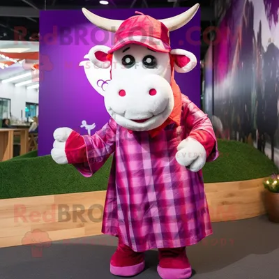 Produktbild von Magenta-Kuh REDBROKOLY Maskottchen kostüm gekleidet mit einem Flanellhemd und Stulpen