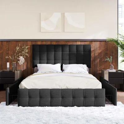 Produktbild von Stauraumbett mit höhenverstellbarem Kopfteil, Metallrahmen, 4 Schubladen, Leinenstoff, ideal für Matratzen, 140x200 cm, Schwarz