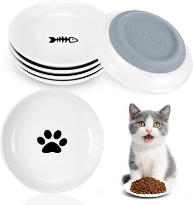 Productafbeelding van Voerbakken voor katten - 4 stuks - keramiek - plat en snorhaarvriendelijk - antislip siliconen bodem