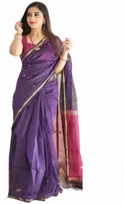 Zdjęcie produktu dla Elzusha - Sukienka saree z jedwabiu i bawełny, ozdobiona złotymi zdobieniami, z dopasowaną bluzką - tradycyjny, nowoczesny design