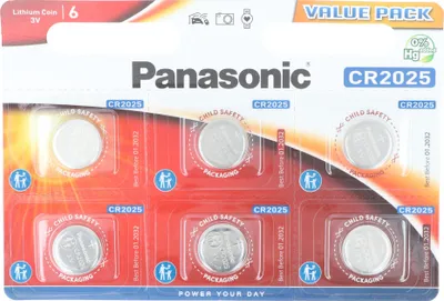 A blister pack of Panasonic CR2025 lithium coin batteries.