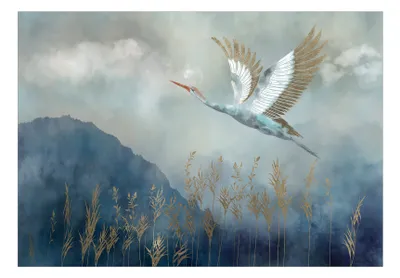 Produktbild von Vlies Fototapete Landschaft 400x280 cm Tapeten Wandtapete XXL Berge Pflanzen Storch blau wie gemalt g-A-0364-a-a