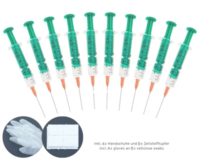 Immagine prodotto di 10 siringhe di ricarica da 10 ml con ago smussato, 4 guanti in vinile e 8 tamponi di cellulosa per aromi E-Liquids Hobby, fai da te e ufficio