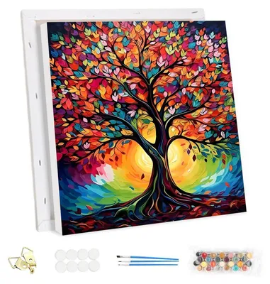 Obrázek produktu pro Sada pro malování podle čísel pro dospělé, motiv strom života, s rámem, rozměry 30x30 cm, akrylové barvy, plátno, kreativní sada