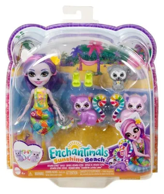 Produktbild von Mattel HRX86 - Enchantimals - Sunshine Beach - Puppe mit Zubehör und Tierfreund, Lorinda Lemur Familie