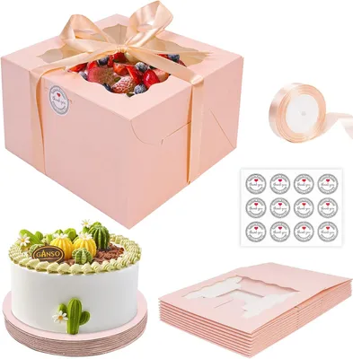 Imagen del producto de Caja para pasteles con ventana transparente, 20,3 x 20,3 x 12,7 cm, juego de 10 unidades, ideal para pasteles y postres