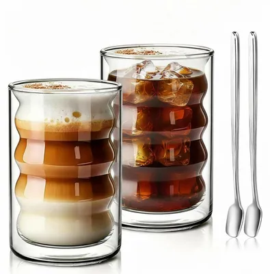 Produktbild von 2er Set Latte Macchiato Gläser 350ml doppelwandig Borosilikatglas mit Rührlöffeln