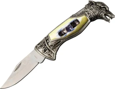 Produktbild von Klappmesser Wolfskopf und Wölfe auf Griff