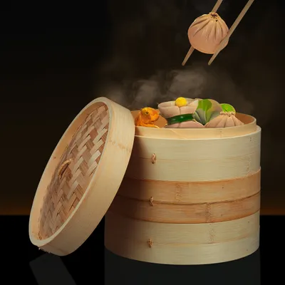 Produktbild von Relaxdays Bambus Dampfgarer, asiatischer Dämpfkorb mit 3 Etagen, für Dim Sum, Reis, Dampfgarer Einsatz, Ø 24 cm, natur