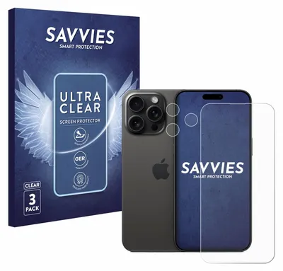 A product shot featuring an iPhone 15 Pro Max with a screen protector and its packaging.