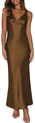 Produktbild von VUBIYA Elegantes Maxikleid für Damen, Satin, V-Ausschnitt, rückenfrei, ärmellos,