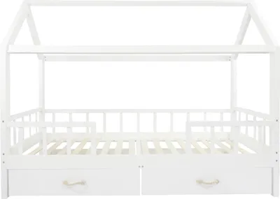 Produktbild von Puckdaddy Hausbett Carlotta 200x90 cm mit Schubladen aus Holz in Weiß abnehmbarer Rausfallschutz