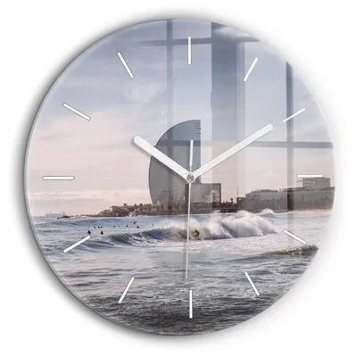 Produktbild von Wallfluent Große Wanduhr – Stilles Quarzuhrwerk - Uhr Dekoration Wohnzimmer Schlafzimmer Küche - Zifferblatt mit Striche - weiße Zeiger - 60 cm - Barcelona Surfer