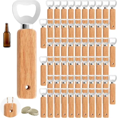 Productafbeelding van Flesopeners hout - Set van 60 - Bieropener hout met gaten - Houten handvat bier kroonkurkopener - Gepersonaliseerde bierflesopener
