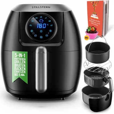 Heißluftfritteuse 5L mit LED-Touchscreen, Timer [120Min], 7 Kochprogrammen, 120 Rezepte auf Deutsch, Brotbackkorb, Shake-Funktion, 1800W, Air Fryer