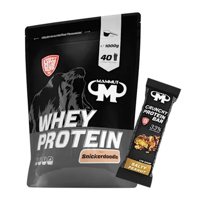 Produktbild von Mammut Nutrition - Whey Protein 1000 g Beutel - 40 Portionen Eiweiß + GRATIS Protein Bar (Salty Peanut), Geschmack: Snickerdoodle