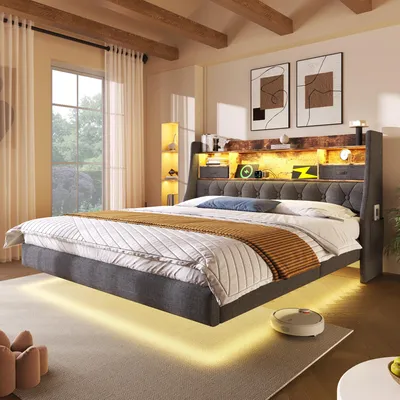 Produktbild von Zerbaco Polsterbett 180x200 cm Doppelbett mit LED-Beleuchtung, Stauraum-Kopfteil, Lattenrost, Leinen, Grau, ohne Matratze