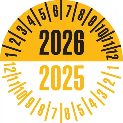 Produktbild von Dreifke® Prüfplakette 2026/2025, gelb/schwarz, Dokufolie, selbstklebend, Ø35m...