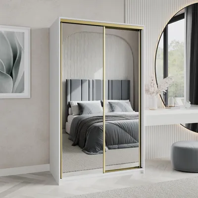 Produktbild von Masseno Schiebetürenschrank RIEN 120/205/60 cm Kleiderschrank mit Schubladen Schlafzimmer Schrank 2-türig mit Spiegel Weiß + Gold