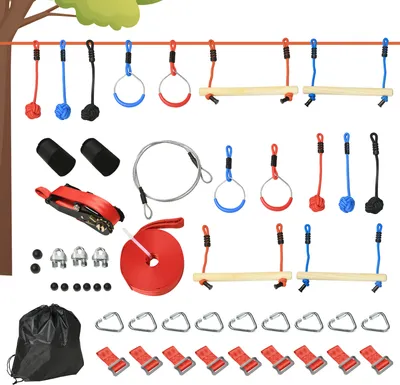 Obrázok produktu pre Outsunny Ninja slackline set 30 ks, 10 m lano s prekážkami, lezecký rám, tréning lezenia vonku, hracie vybavenie pre deti od 3 do 6 rokov, gymnastické kruhy, laná, pestrofarebné