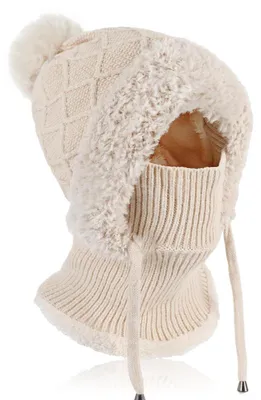 Zdjęcie produktu dla Czapka damska, termo, zimowa, 3 w 1, beanie, ciepła, zestaw z kominem, kolor beżowy