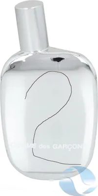 A clear glass perfume bottle with a silver cap and a black number '2' drawn on the front.