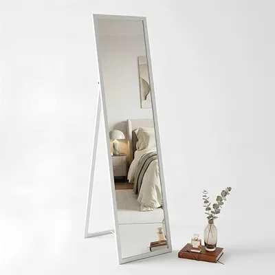 Produktbild von Rechteckiger Ganzkörperspiegel - 137 cm x 35,5 cm - Weißer, freistehender Ganzkörperspiegel für Schlafzimmer, große, Lange, hohe Bodenspiegel mit Metallrahmen für Wohnzimmer