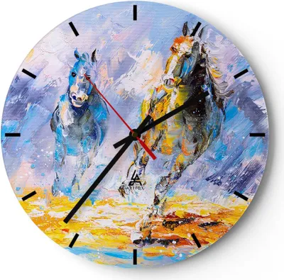 Produktbild von Wanduhr - Rund - Glasuhr - Pferd Natur Tier - 40x40cm - Schleichendes Uhrwerk - Lautlos - zum Aufhängen bereit - Dekoration Modern - Wanddekoration aus Glas - C3AR40x40-3434