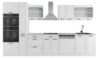 Produktbild von Küchenzeile Vicco R-Line Weiß Landhaus/Weiß 350 cm mit Hochschrank, AP Marmor, Model 49480