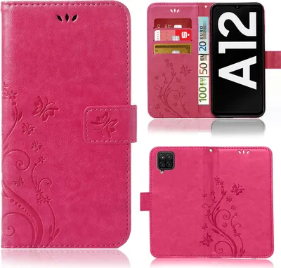 Produktbild von Handy Tasche für Samsung Galaxy A12 / M12  Schutz Hülle Handyhülle mit Blumenmuster Klapp Hülle mit Standfunktion und Kartenfächer Pink