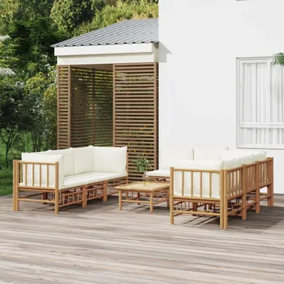 Produktbild von 9-tlg. Garten-Lounge-Set mit Cremeweißen Kissen Bambus , Gartenmöbel-Sets Design 2024