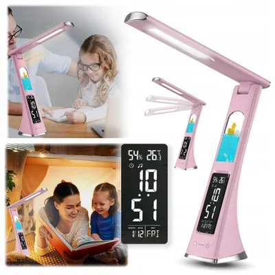 Zdjęcie produktu dla Składana lampka biurkowa lampa nocna zegar LED z ekranem różowa z motywem